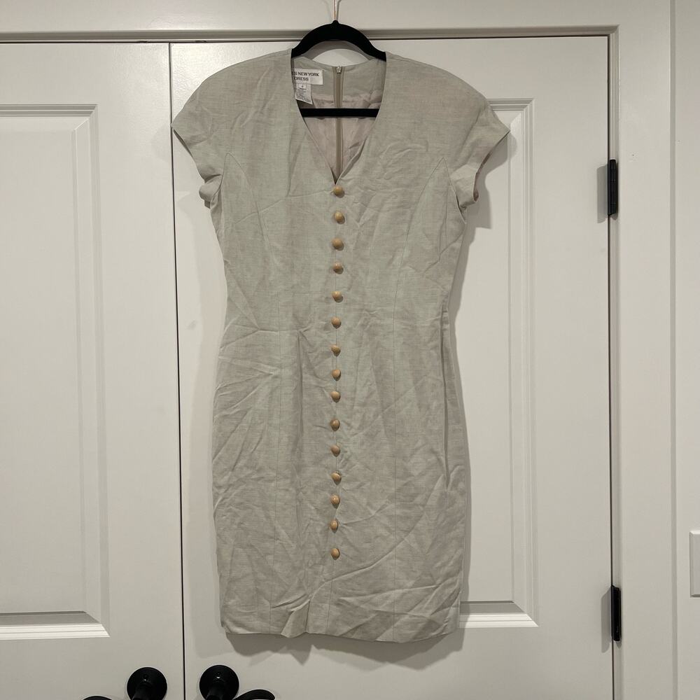 Vintage Women's Jones‎ New York Tan Linen Sheath Dress Button Detail Size 8